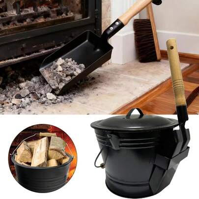 Steel Metal Ash Bucket With Lid&Handle - All-In-One Fireplace Ash Bucket Set - Steel Bucket With Lid, Wooden Handle Shovel, Storage Bin For Coal&Logs, Fits Firepits, Wood Burning Stoves & BBQ,Indoor Outdoor Use