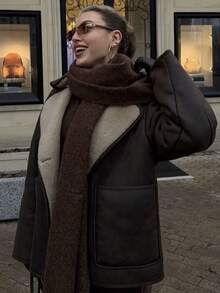 TRAFZA Women's Faux Sherpa Fleece Jacket, Casual Soft Suede Loose Warm Outerwear For Autumn/Winter - Coffee Brown - View 8