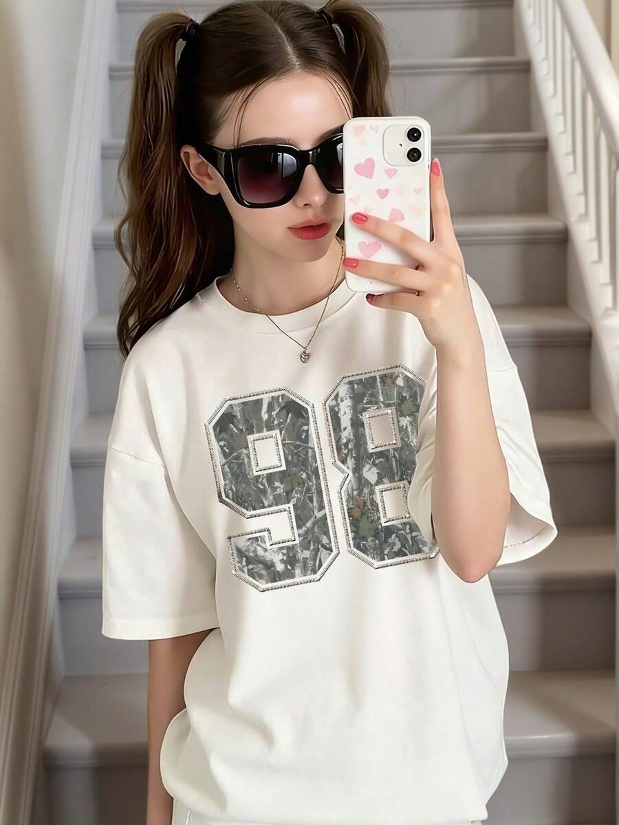 Tween Girls' Casual Numeric Pattern Short Sleeve Round Neck T-Shirt, Summer - White - View 1