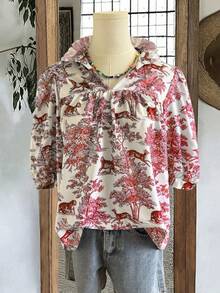 Áo kiểu nữ mùa hè in họa tiết cây cối và động vật màu xanh trắng, chất liệu sứ, kiểu dáng thường ngày thoải mái, cổ chữ V, tay ngắn. - Đỏ - Xem 2