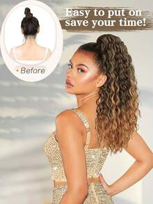 24 Inch Deep Brown Deep Wave Clip-In Ponytail Hair Extension - Heat Resistant Synthetic Fiber, Natural Curly Hair Styling Accessory, Suitable For Women's Daily Use, Daily Hairstyle Styling Accessory, Voluminous Curly Heat Resistant Fiber Wig - Brown Ombre - View 5