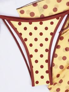 Ensemble de bikini à bretelles nouées et dos nu à pois mignon pour femmes avec cache-maillot et jupe, tenue de plage pour les vacances d'été - Jaune citron - Voir 6