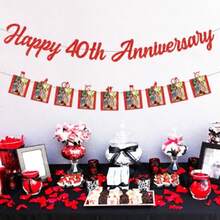 DHappy 40th Anniversary Banner Red 40th Ruby Anniversary Photo Banner Glitter Paper Garlands 40 Wedding Party Decoration For Cheers To 40 Years We Still Do 40 Years Party Plies - 紅色 - 查看 3