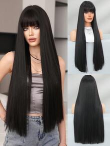 7JHH WIGS Tóc giả đen dài 28 inch dành cho nữ - Tóc giả thẳng bồng bềnh sang trọng với mái, sợi tổng hợp cao cấp chịu nhiệt màu đỏ tía, thích hợp sử dụng hàng ngày, cosplay & dự tiệc, quà tặng tốt nghiệp & quà tặng cho mẹ. - màu đen - Xem 3