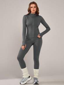 NcmRyu 1 Set Women Elastic Zipper Casual Everyday Sportswear, Stand Collar Design, Waist Cinched, Suitable For Dance & Workout - 灰色 - 查看 4