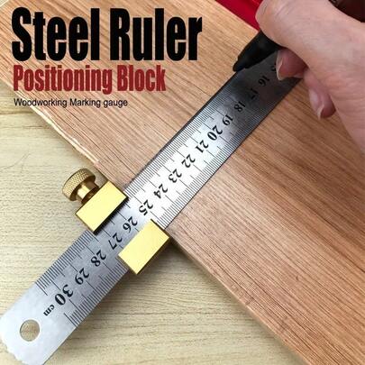 2pcs Golden Precision Steel Alignment Blocks With Textured Grip - Durable Metal Construction For Woodworking Marking & Line Guiding, No Battery Needed, Marking Tools | Polished Surface | Precision Engineering