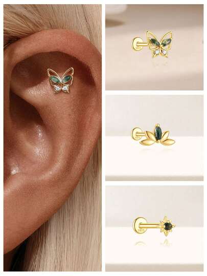 1Pc Natural Moss Agate 925 Sterling Silver Earrings For Women Romantic 18K Gold Plated Stud Earring Ear Clip Helix Cartilage For Daily Wear Wedding Party Engagement Christmas Gifts Fine Jewelry