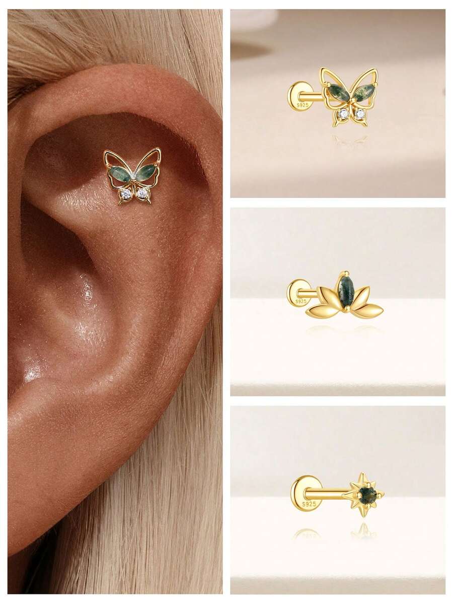 1件天然苔藓玛瑙925纯银耳环，浪漫18K镀金耳钉/耳夹/耳骨夹，适合日常佩戴、婚礼、派对、订婚、圣诞节礼物，精美珠宝 - 金色 - 查看 1