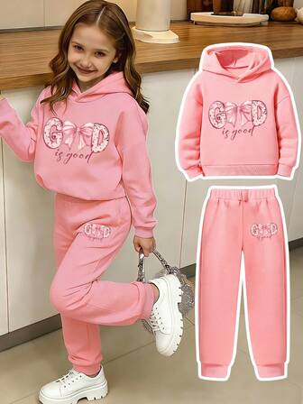 青少年女孩字母印花保暖连帽衫和运动裤套装