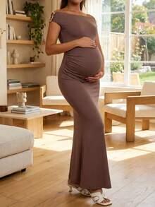 优雅荷叶边露肩金属点缀修身孕妇派对礼服 (YY1144) - 棕色 - 查看 9