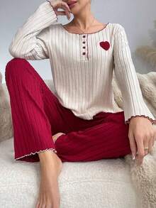 2pcs Women Velvet Ribbed Heart Embroidered Long Sleeve Top And Pants Loungewear, Suitable For Homewear - Multicolor - View 9