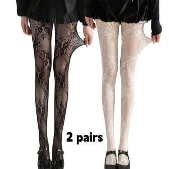 2 Sexy Lingerie Pairs: Thin, Floral Jacquard, Openwork Pantyhose For Women, Perfect For Various Occasions.