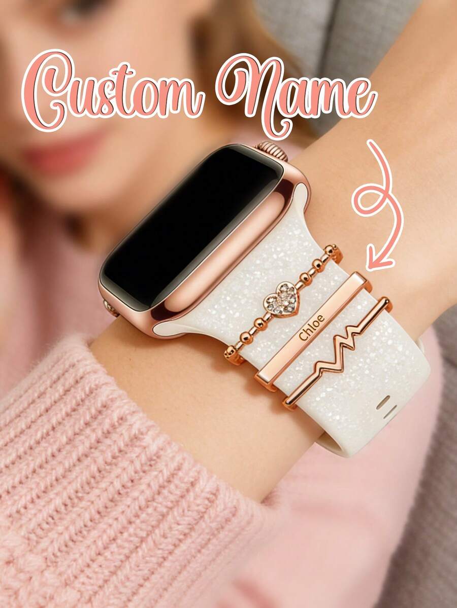 Personalized Watch Band Charms Set, Custom Engraved Name Bar & Heart Charm, Heart & Love & Pulse Design, Engraved Gift For Women Girls, Valentine's Day Jewelry Accessory,Birthday, Anniversary, Valentine's Day, Couple Gift, Cute Watch Decoration - Multicolor - View 1