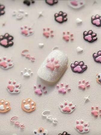 1 st söta kattklo-nagelklistermärken, tecknade djur 5D-präglade PVC-klistermärken, lämpliga för nagelsalonger och gör-det-själv-nagelkonsttillbehör, glansig yta, engångsdekaler i broderistil, asymmetrisk form - lämpliga för kvinnors nageldekoration