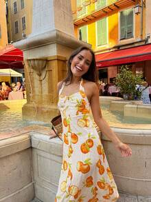 Damen Sommer Casual Urlaubsstil Vollprint Orange Knoten Träger Kleid, Damen Boho Mittellang Träger Kleid, Orange Fruchtprint, geeignet für Sommer Party Elegant - Gelb - Übersicht 10