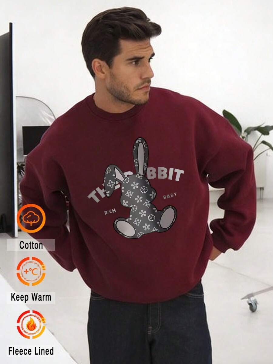 Herren Sweatshirt Burgunderrot "Cartoon Hase + "HASE" Slogan" Weich und süß Lässig Rundhals Fleece-gefüttert Sweatshirt Baumwolle Drop Shoulders Herbst/Winter Verdickter Stoff Wärmeisolierung Fleece-Futter Rundhals Sweatshirt Locker Passend Lässig Vielseitig Geeignet für Kaltes Wetter Herren Langarm-Oberteil - Weinrot - Übersicht 1