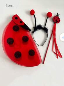 3pcs/Ladybug Wings Costume Set - Red And Black Polka Dot Design, With Black Antennae And Red Tassels, Perfect For All Kinds Of Carnivals, Christmas And Theme Parties. - Red - View 2