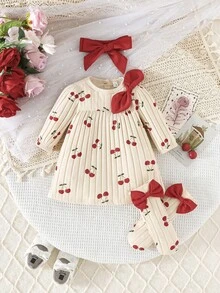 Newborn Baby Girl Gift Set - Dress With Bow, Cherry Print, Ribbed Fabric, With Socks And Headband