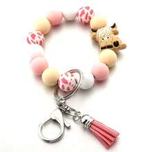 1pc/6pcs Set Cartoon Animal Brown Bull Head Silicone Bead Bracelet Keychain Pendant Vintage Western Style Tassel Wristband Keyring Accessories Gift For Women Bag Charm Purse Charm - Multicolor - View 12