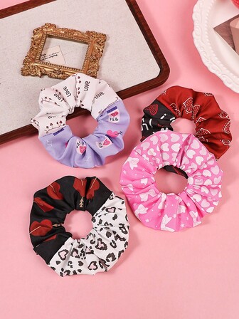 4pcs Valentine's Day Satin Bicolor Printed Scrunchies, Perfect Gift For Women's Daily Wear And Parties, Featuring Rose, Heart, Bow, Lip Elements In Various Color Combinations
