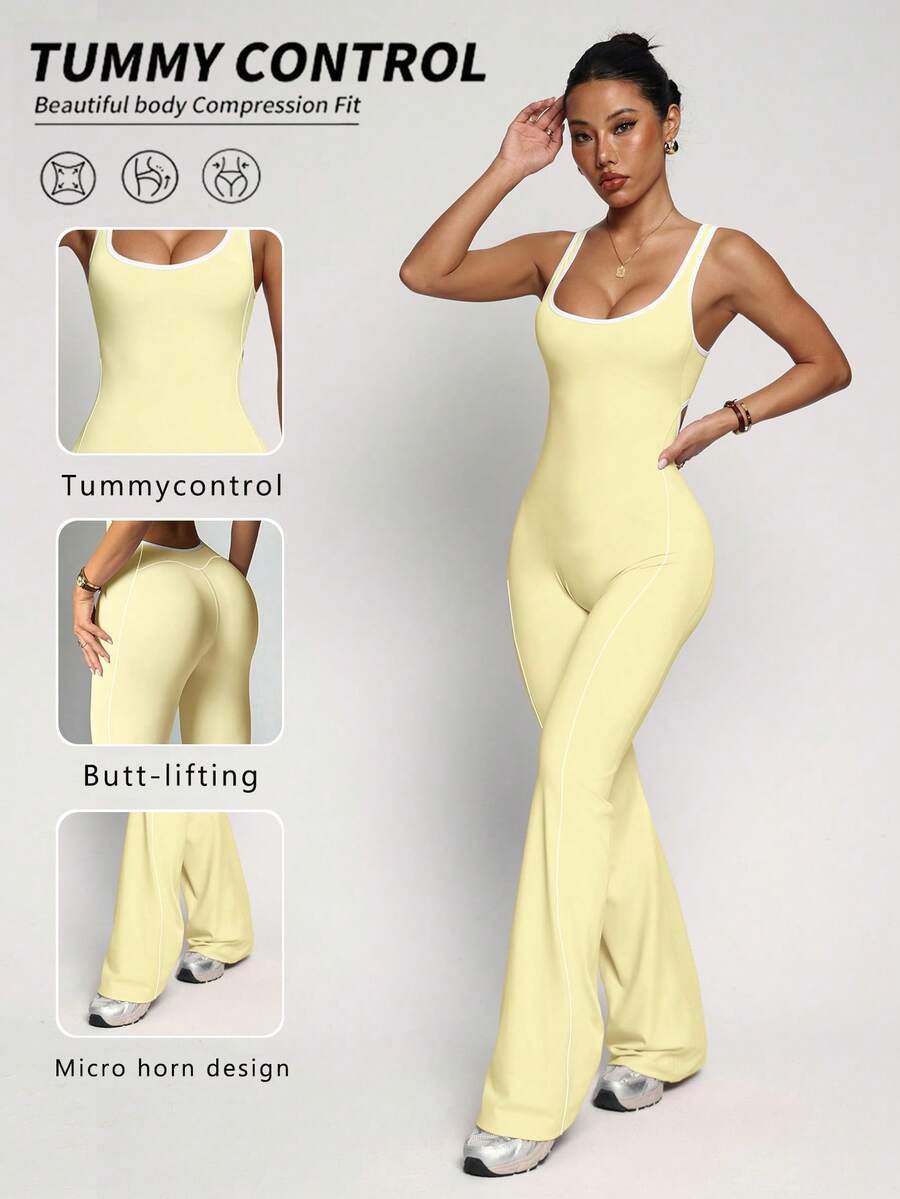 Diseño con recorte en el abdomen, silueta de pierna acampanada para alargar las piernas, #Ropa deportiva sexy #Confiada y juguetona #Lista para la cámara, Mono sin espalda, Mono con cintura ceñida, Leggings de pierna acampanada, Ropa deportiva que levanta el trasero, Mono de yoga con cintura ceñida y levantamiento de glúteos - Amarillo claro - Ver 1