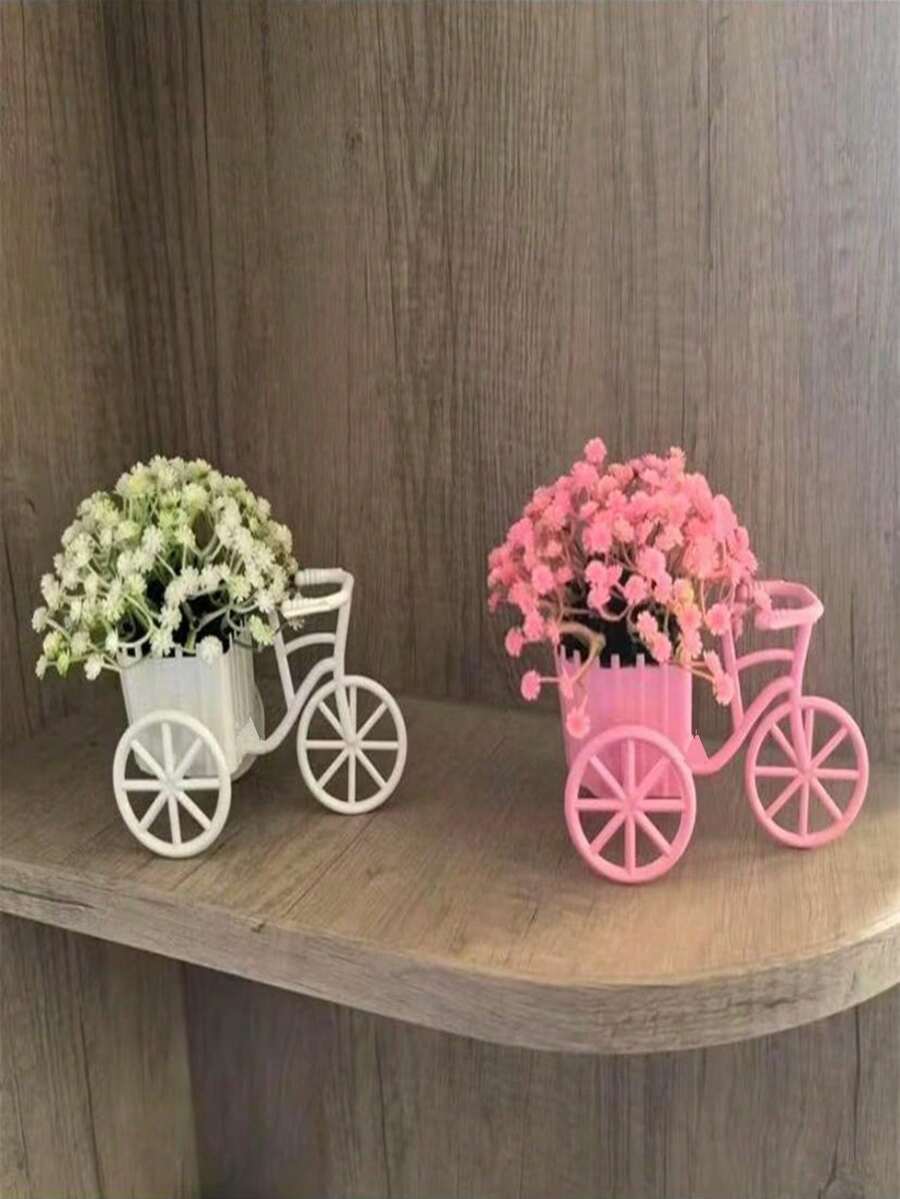 1pc Plastic Mini Bicycle Basket Desktop Decor, Artificial Potted Plant, Fake Greenery, Home Decor, Back To School Supplies, Valentine's Day Decor, New Year Gift, Valentine's Day Gift, Gift For Girlfriend, Artificial Potted Plant, Artificial Flower - Multicolor - View 1