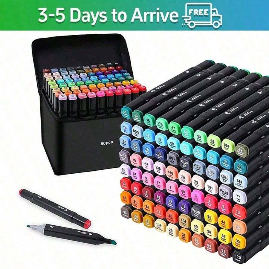 168/120/80/48/36/24 PCS Marker Sets, Dual-Tips, DIY Craft Pens, Watercolor Pens, School Supplies, Professional Permanent Colors, For Painting, Sketching, Coloring, Calligraphy - Ideal For Halloween & Christmas Gifts, Art Lovers, Art Supplies - 80 Colors & Markers - 查看 1