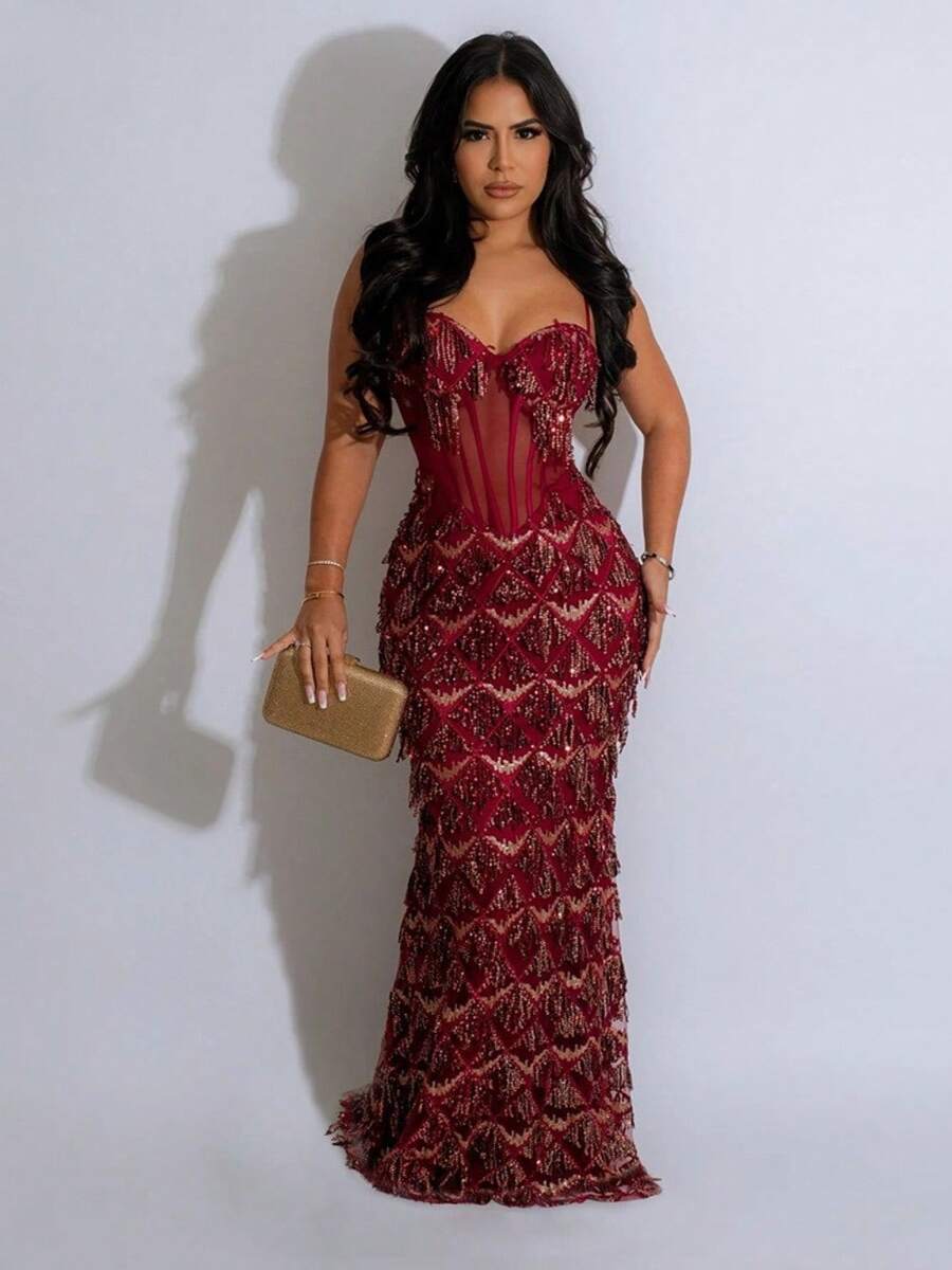 Vestidos Elegantes De Mujer Vestidos Dresses For Women Formal Dresses For Women Dresses For Women Elegant Prom Dresses Formal Dresses For Women Formal Gowns For Women Evening Elegant Sequined Party Long Dress, Fashionable Spaghetti-Strap Hip-Hugging A-Line Dress For Women - 紅色 - 查看 1