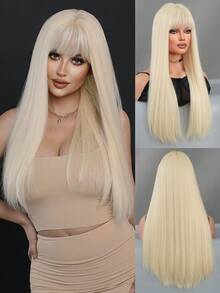 7JHH WIGS 24英寸长直发铂金色假发，女士款，蓬松柔软，带刘海，外观自然，采用耐热合成纤维制成，美观大方，适合时尚女孩日常佩戴、动漫或角色扮演、音乐节、舞会、街头服饰等场合，也是母亲节的理想礼物。 - 金色 - 查看 3