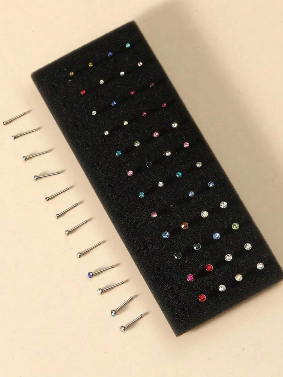60pcs/Set Assorted Sizes Colorful Straight Nose Studs - Multicolor - View 1