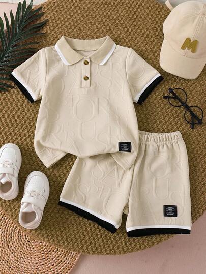 2pcs/Set Toddler Boys Cute Casual Outdoor Gift Fashionable Minimalist Comfortable Apricot Splice Rib Black English Letter Polo Collar Short Sleeve Top And Shorts Set, Suitable For Summer