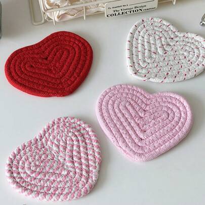 4개 발렌타인데이 하트 모양 컵받침 수제 엮은 하트 모양 컵받침 핑크 레드 컵받침 미끄럼 방지 흡수성 음료 매트 가정용, 레스토랑, 티 카페, 바 장식에 적합 (선반 없음)