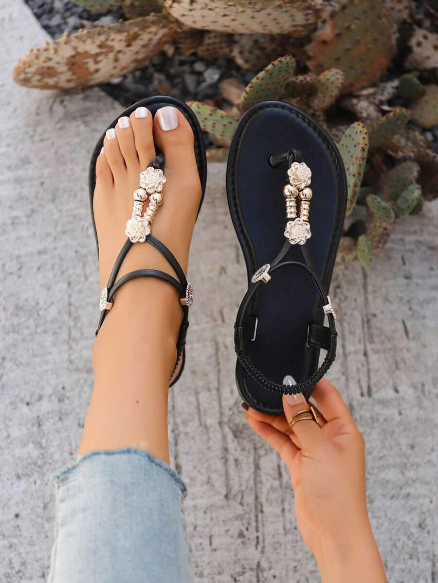 Girl's Bohemian Wooden Bead Woven Flat Sandals, Suitable For Summer - Black - View 1