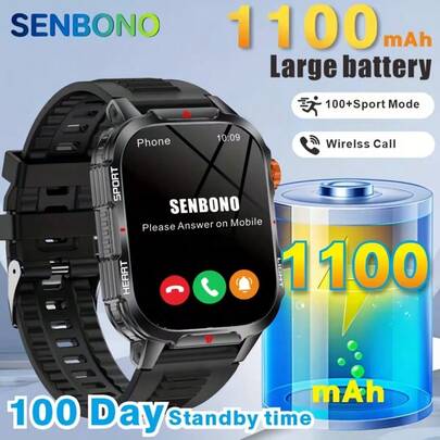  SENBONO智能手表，超大容量，具备无线通话、AI语音功能、2.01英寸高清触摸屏、集成LED手电筒、1100mAh大容量电池、AI语音助手以及超过100种运动模式。