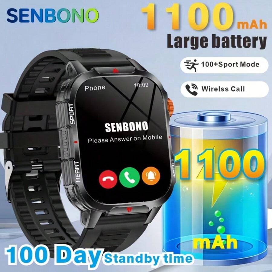 SENBONO Smartwatch With An Ultra-Large Capacity, Featuring Wireless Calling, AI Voice Capabilities, A 2.01-Inch High-Definition Touchscreen, An Integrated LED Flashlight, A Large 1100Mah Battery, An AI Voice Assistant, Over 100 Sports Modes - Multicolor - View 1