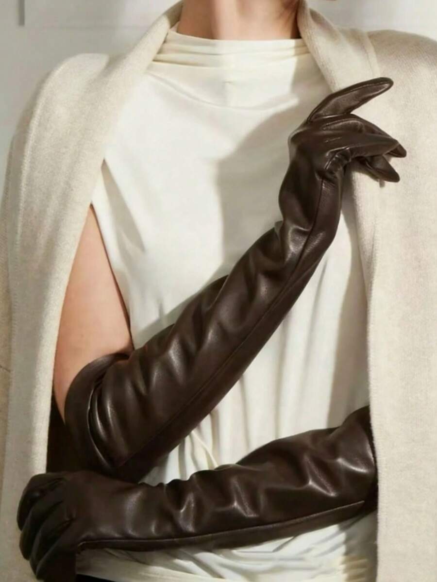 1 par de calentadores de brazos largos de 50 cm para mujeres, guantes de piel de imitación cálidos y de colores de moda, adecuados para novias, actuaciones de boda, cosplay y otras ocasiones, otoño/invierno - A - Ver 1