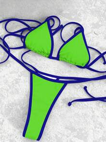 Bộ đồ bơi nữ 2 món, áo và quần tam giác buộc dây phối màu vàng và xanh dương tương phản. - màu xanh lá - Xem 4