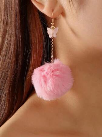 1 Pair Fuzzy Pom Pom & Butterfly Earrings, European And American Style, Suitable For Autumn/Winter