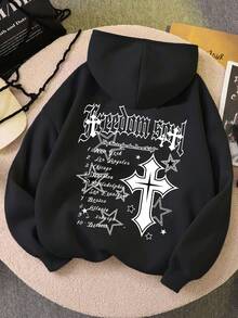 Casual Hooded Vintage Letter Print Sweatshirt, Unisex, Suitable For Autumn/Winter, Teenager Style - Black - View 3