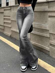 Women's Stretch Slim Fit Mid-Rise Flare Jeans With Side Pockets, Slimming & Stylish Trousers - 灰色 - 查看 1