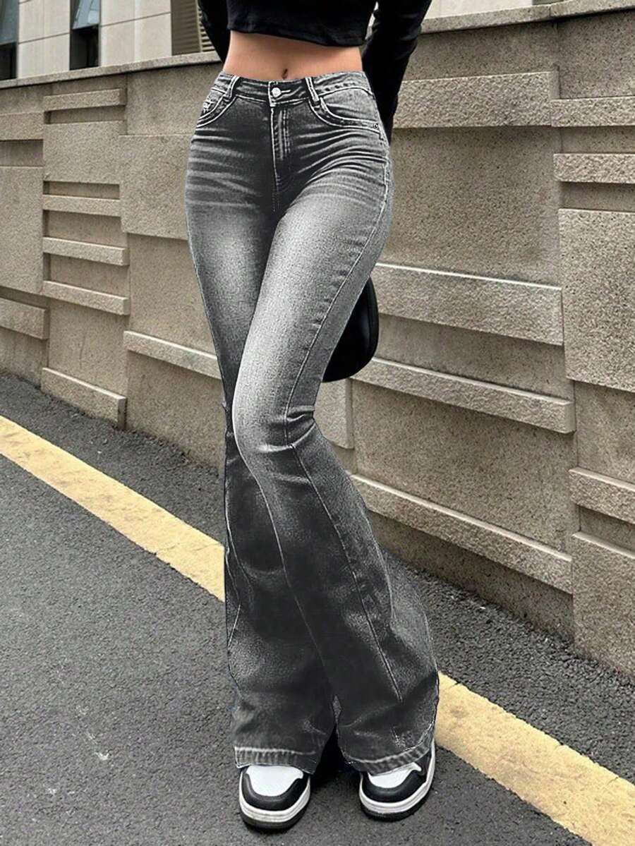 Women's Stretch Slim Fit Mid-Rise Flare Jeans With Side Pockets, Slimming & Stylish Trousers - 灰色 - 查看 1