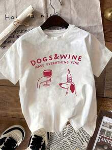 T-shirt à manches courtes pour femme, col rond, imprimé d'un chiot et de lettres, style cartoon, collection 2026. Confortable et polyvalent, idéal au quotidien. - Blanc - Voir 6