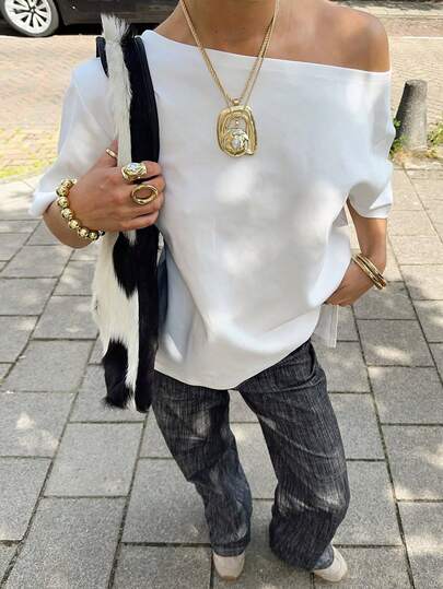 Vaiaye 女士宽松圆领休闲T恤，春夏露肩上衣，纯色修身T恤，春夏短袖宽松T恤，适合工作通勤