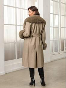 Women's Wool Blend Coat With Faux Fur Collar, Cuffs And Belt - Fashionable Long Jacket For Cold Weather - Khaki - View 2