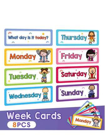 3-8 Years Old Kids English Weekday Word Flash Cards, Classroom Decor Title, Educational Learning Supplies, School, Student, Stationery, Learning Supplies, Children Learning Supplies, Teacher Supplies, Classroom Decoration