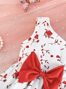 Summer Baby Girl Cute Floral Print Bow Decor Strap Dress - Red - View 4