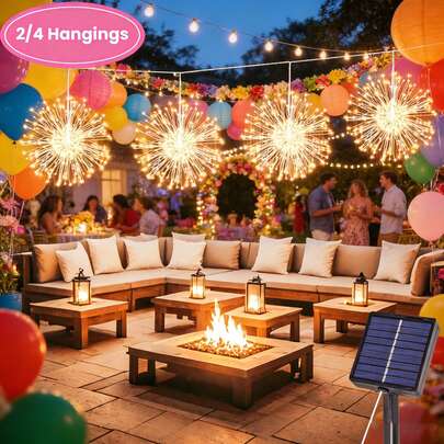 1 Set, 2/4 Pcs Solar Powered Outdoor Fairy Lights, 240/480 LED Firework Fairy String Lights, Suitable For Patio, Umbrella, Eaves, Garden, Trees, Tent, Outdoor Lighting, Christmas Decor