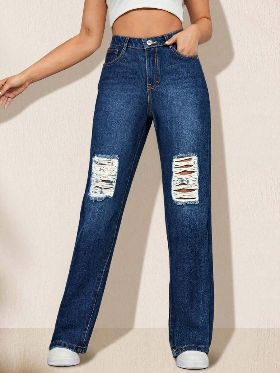 Pantalón Mujer Casual Straight Leg Washed Ripped Raw Hem Tela rígida Bolsillos Button Zipper Corte Recto Sin Estampado, atemporal uso Diario - AZUL STONE FUERTE - Ver 1