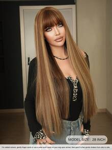 7JHH WIGS 28 Inch Extra Long Straight Highlight Blonde Wig For Women - Elegant Synthetic Straight Wig With Bangs, Premium Synthetic Heat Resistant Fiber Wig For Daily Wear, Cosplay & Party Use, Graduation Gift & Mother's Gift Wig Accessories - 挑染金色 - 查看 4