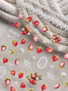 1片红色多汁草莓压纹蕾丝花边盛开花朵美甲贴纸 5D美甲植物浪漫迷人自粘美甲贴，适合女士精致DIY美甲装饰贴，美甲用品 - 彩色 - 查看 4